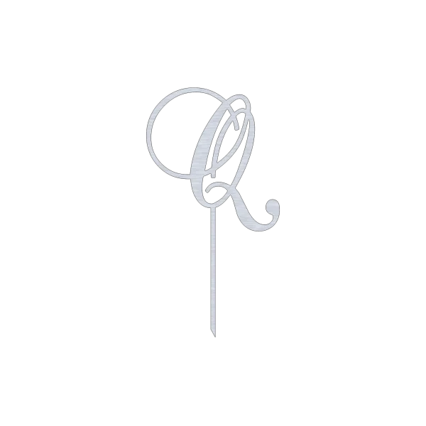 This elegant Q monogram swirl script cake topper features an intricate design, crafted from high-quality Aluminum with a Natural Aluminum finish. Perfect for adding a personal touch to cakes for weddings, birthdays, or any special occasion.